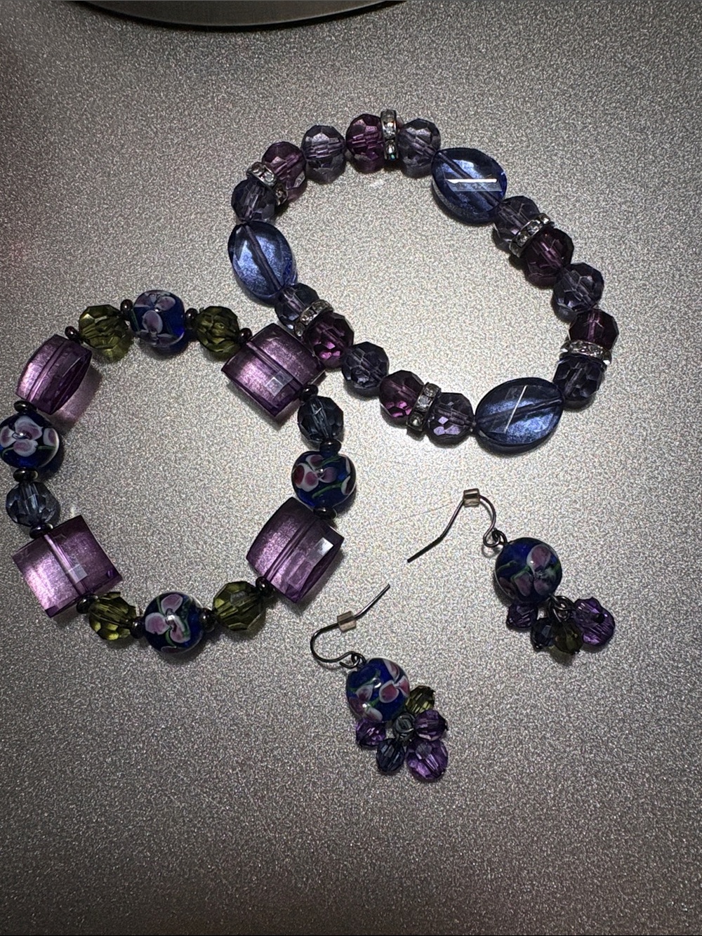 Handcrafted Purple Glass Bead Bracelet and Earring Set
